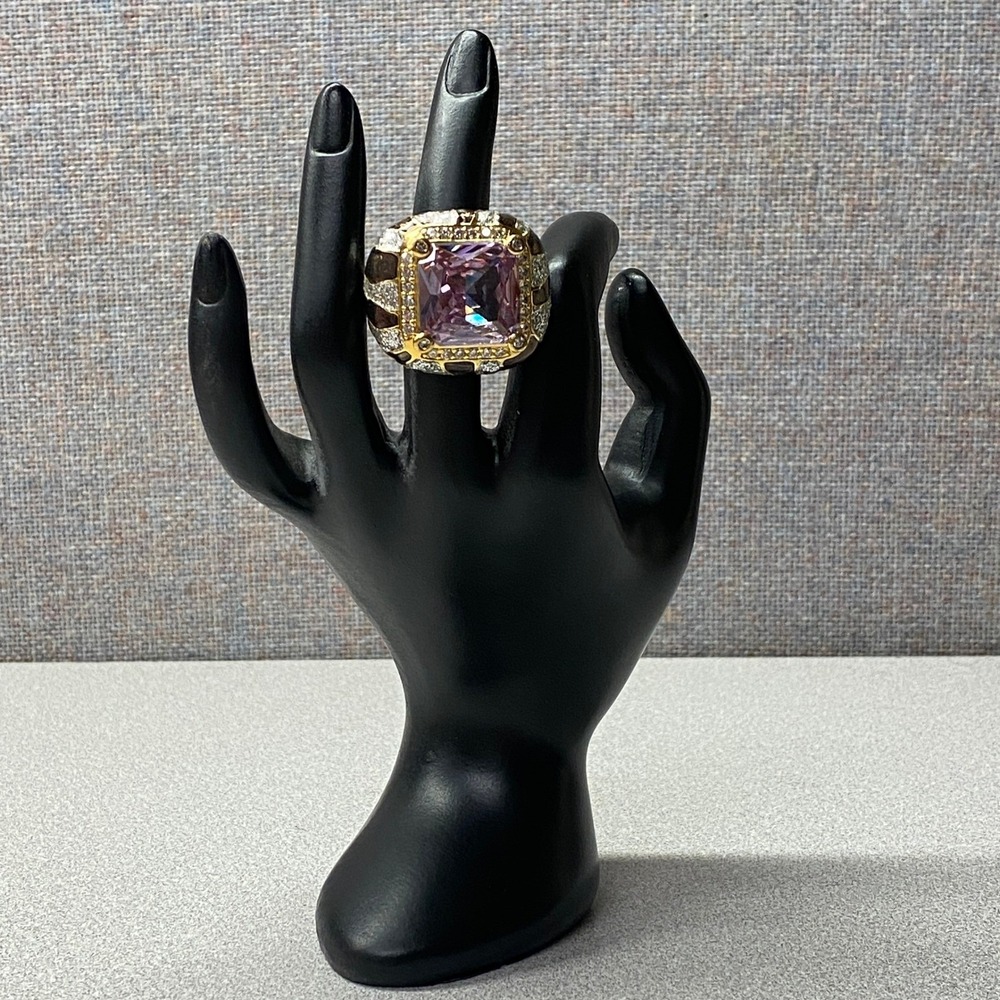 Mens Statement Ring Large Square Pink Gemstone Gold Tone Bold Fashion Ajustable - Picture 5 of 7